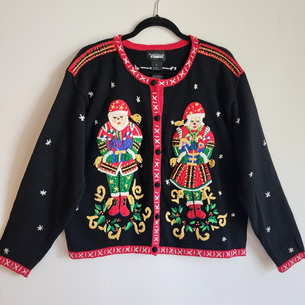 Embrodered Embellished 100% Cotton Top Holiday Christmas Red Sweater Size L